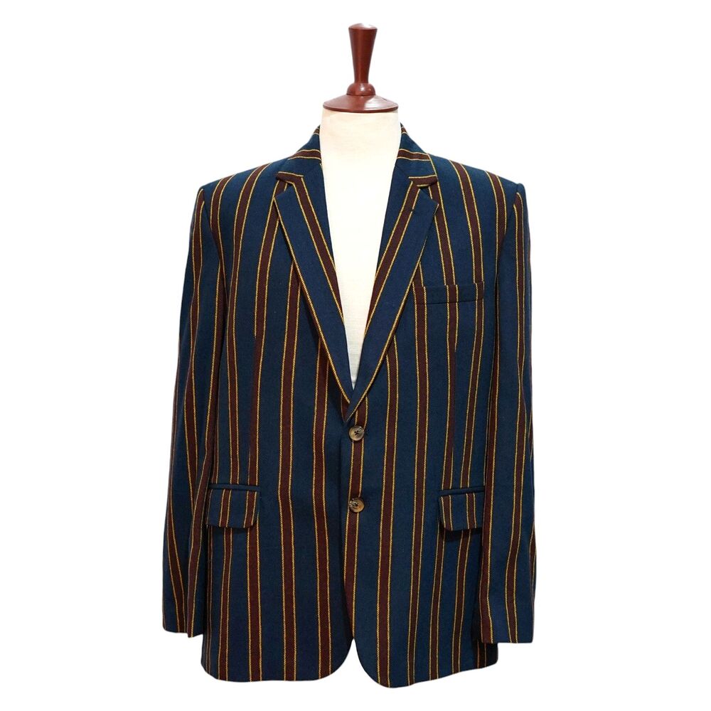 Mens Lambswool Sport Coat 44R Navy Burgundy Gold Striped Blazer 2 Button Wedding